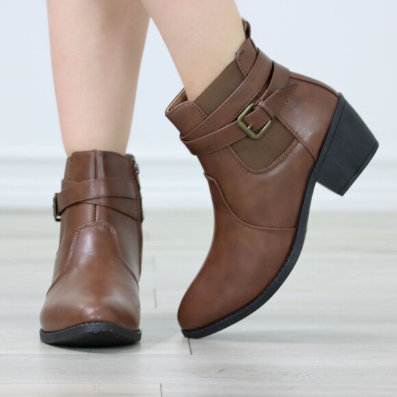 Brown Ankle Boots Buckle Strap Faux Leather Low Block Heel Side Zip - Picture 7 of 14